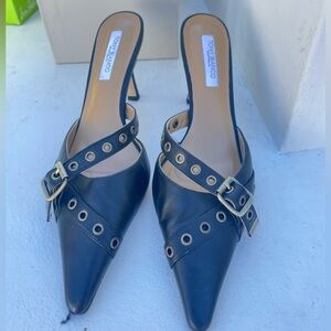 Tony Bianco Savoir Black Heeled Mules with Buckle Detail